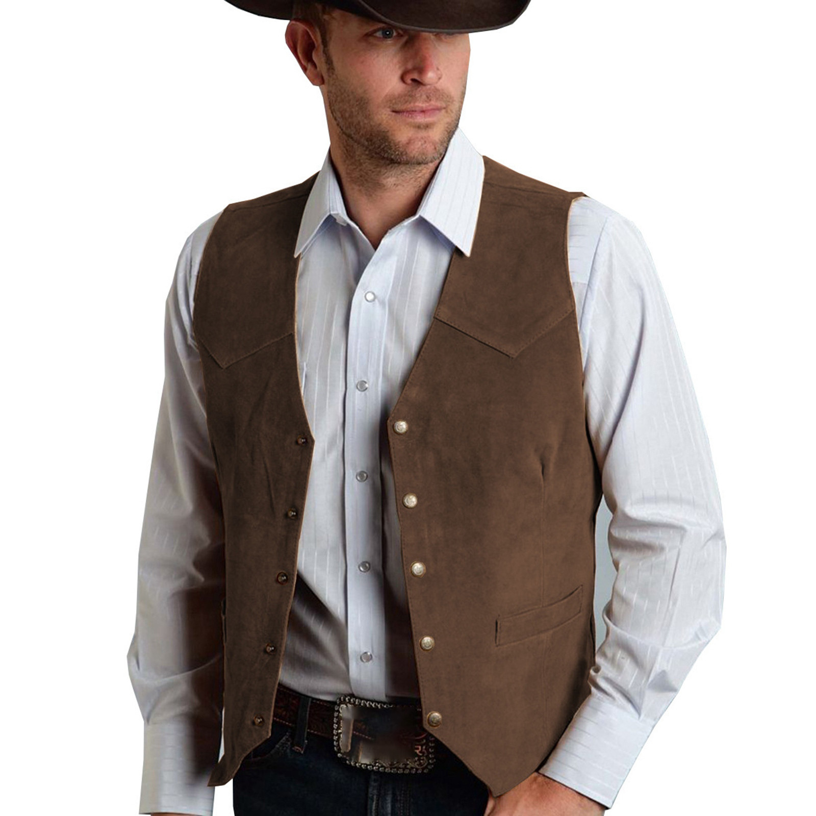 thumbnail image 3 of Chaleco de cuero retro con cuello en V para hombre - Diseño con bolsillos con botones, material de poliéster, para fiestas/informal - Tallas S-XXXL, 3 of 5